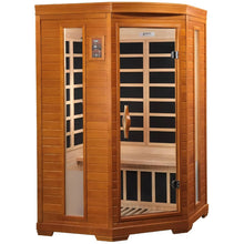 Dynamic Heming 2 Person Far Infrared Corner Sauna featuring a wooden exterior, glass door, and interior seating.
