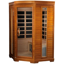 Dynamic Heming 2 Person Far Infrared Corner Sauna, featuring a wooden exterior with large glass panels and a spacious interior designed for relaxation.