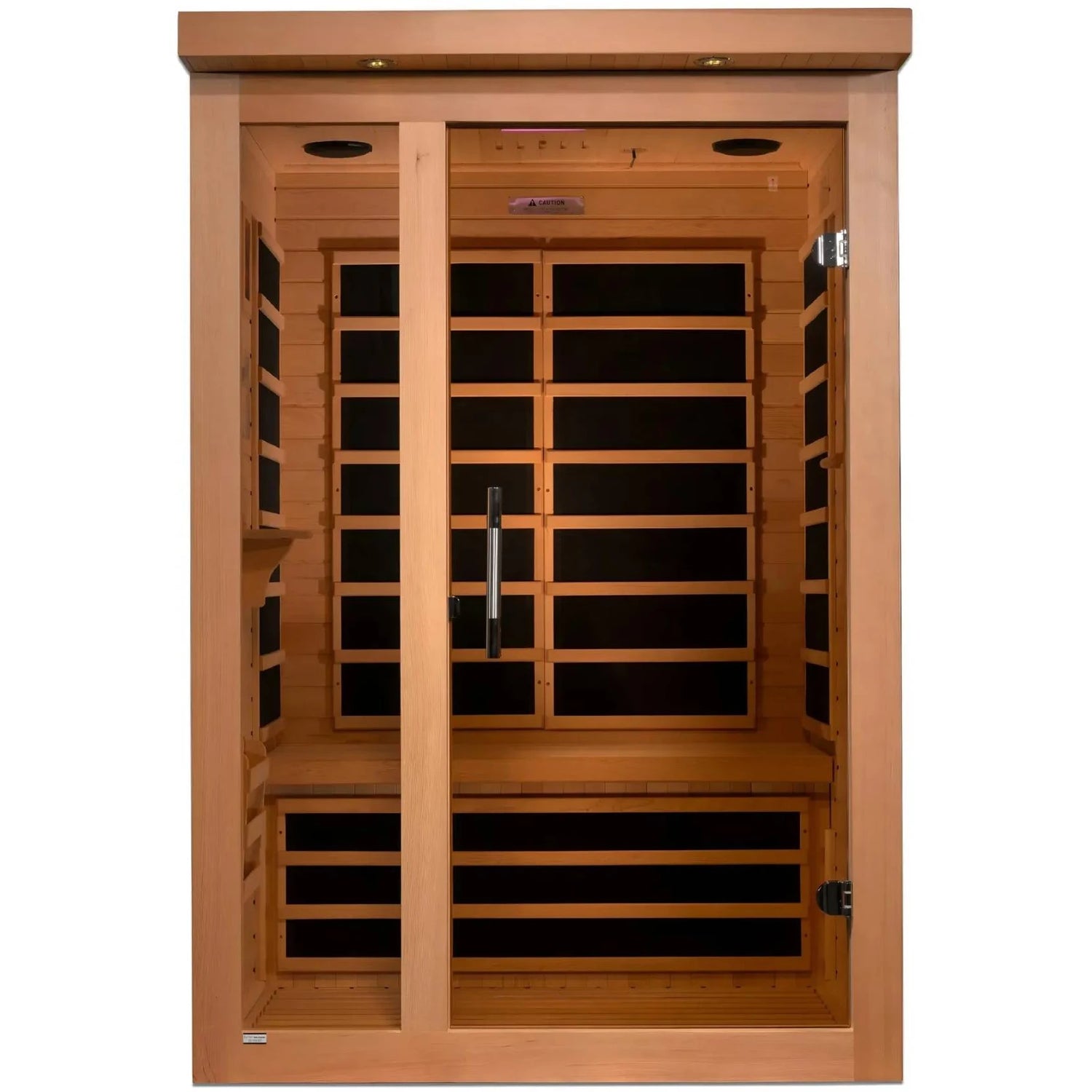 Dynamic Llumeneres 2 Person Far Infrared Sauna featuring a wooden exterior and an open door showcasing the interior design with bench seating and infrared heating panels.