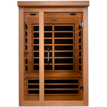 Dynamic Llumeneres 2 Person Far Infrared Sauna featuring a wooden exterior and an open door showcasing the interior design with bench seating and infrared heating panels.