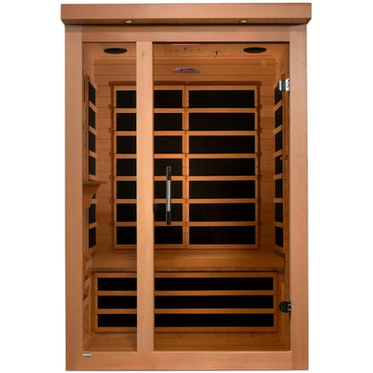 Dynamic Llumeneres 2 Person Far Infrared Sauna featuring a wooden exterior and an open door showcasing the interior design with bench seating and infrared heating panels.