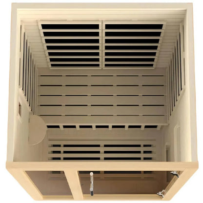 Top view of a Dynamic Llumeneres 2 Person Far Infrared Sauna, showcasing the interior layout with wooden slats and ventilation design.