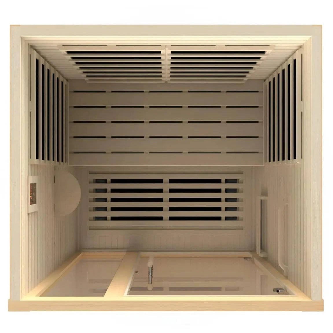 Interior view of the Dynamic Llumeneres 2 Person Far Infrared Sauna, showcasing the wooden paneling, heating elements, and spacious design.