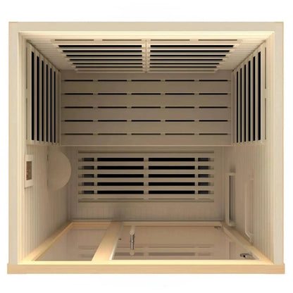 Interior view of the Dynamic Llumeneres 2 Person Far Infrared Sauna, showcasing the wooden paneling, heating elements, and spacious design.