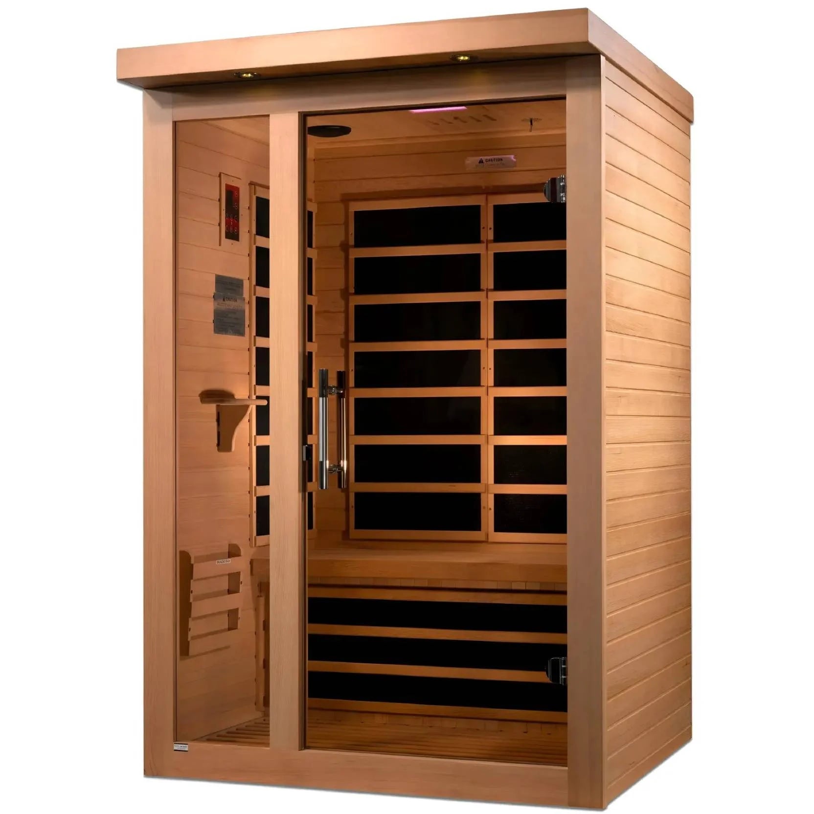 Dynamic Llumeneres 2 Person Far Infrared Sauna featuring a wooden exterior and glass door, showcasing the interior benches and heating panels.
