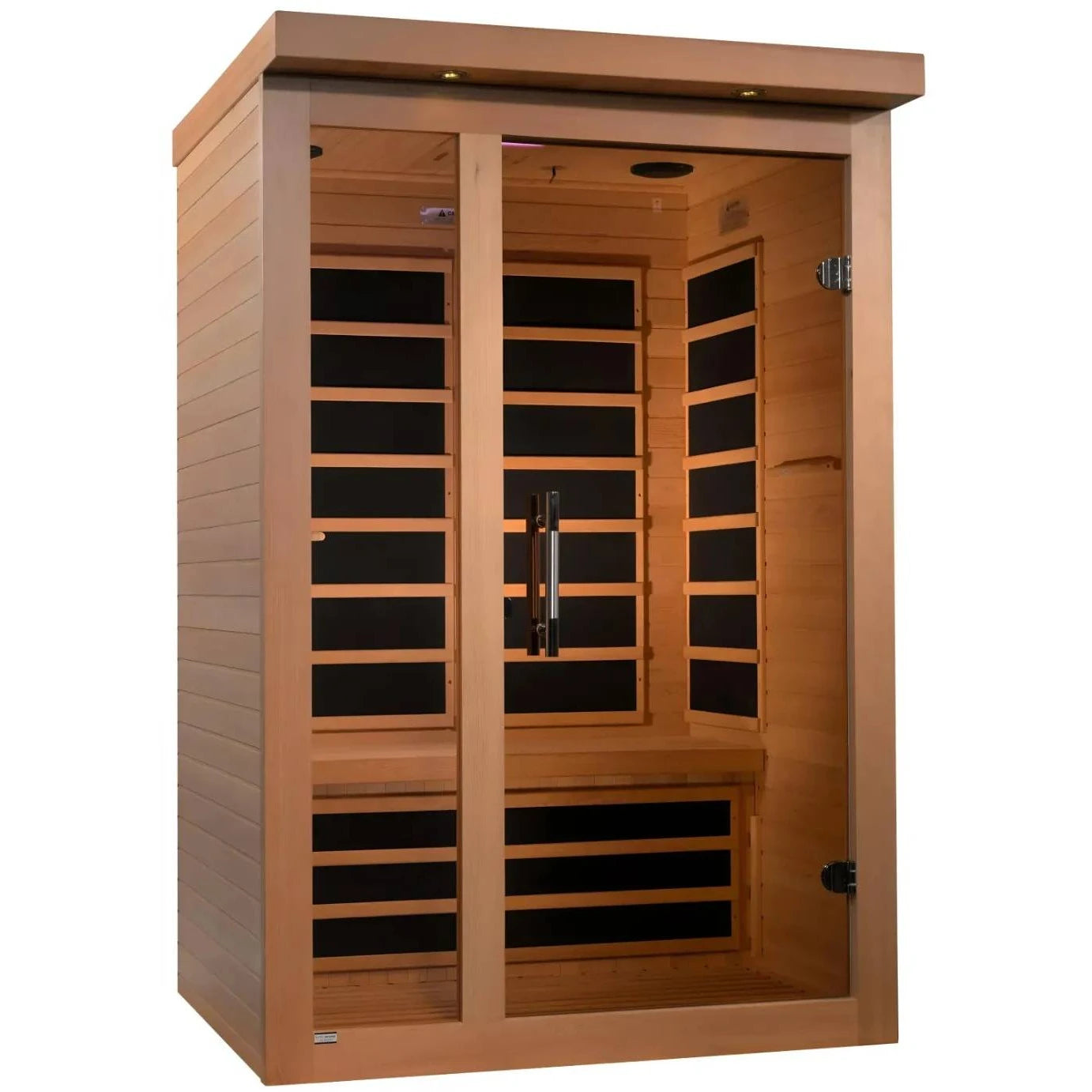 Dynamic Llumeneres 2 Person Far Infrared Sauna featuring a wooden exterior and interior with seating and infrared panels.