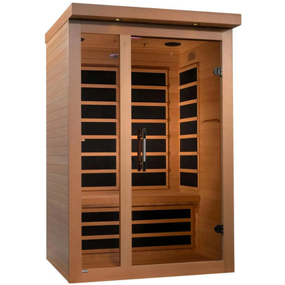 Dynamic Llumeneres 2 Person Far Infrared Sauna featuring a wooden exterior and interior with seating and infrared panels.