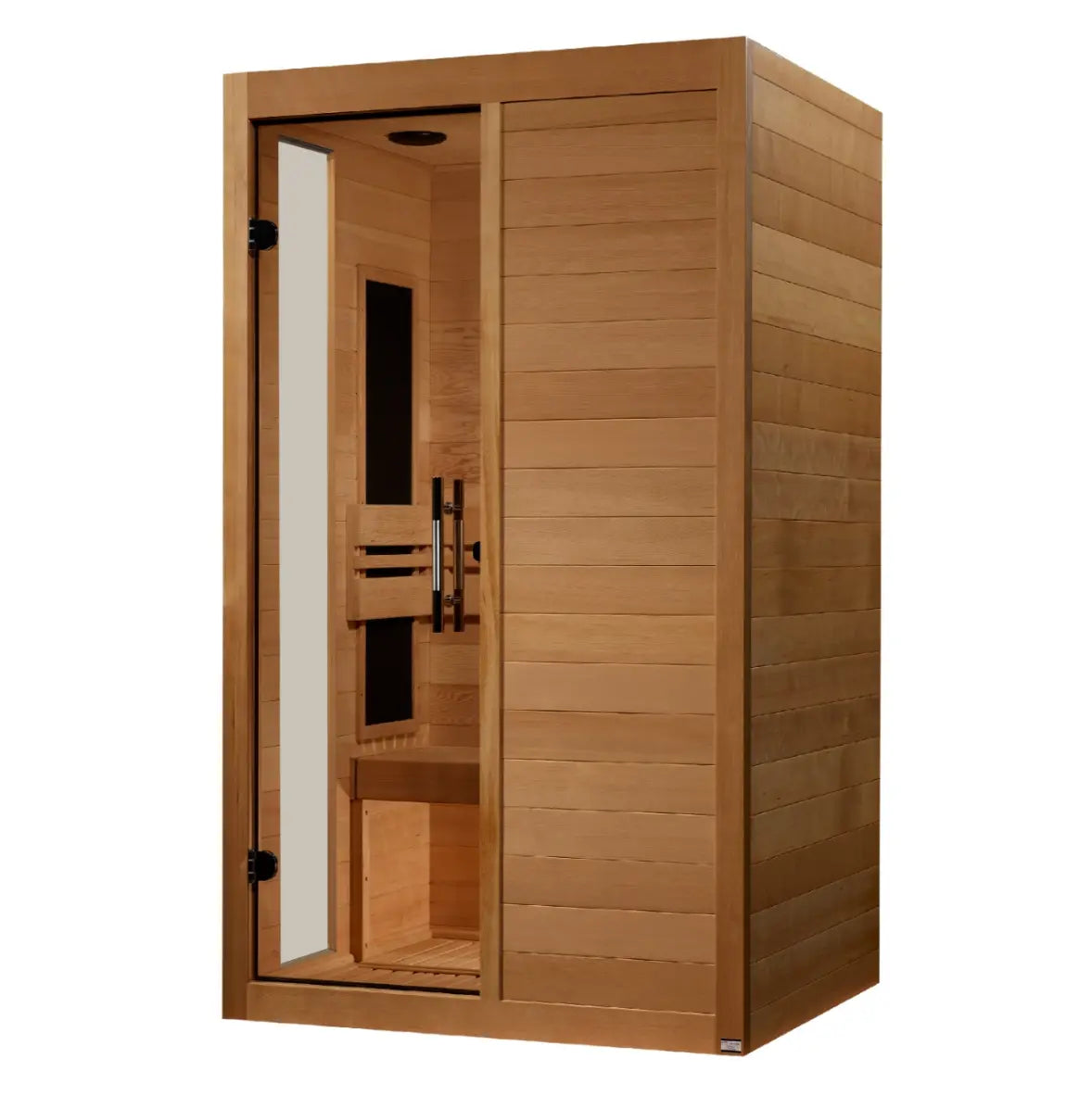Two-person infrared sauna cabin in warm wood with glass door.
