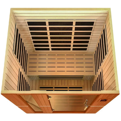 Dynamic Lugano 3 Person Far Infrared Sauna interior view, showcasing wooden slats and heating elements.