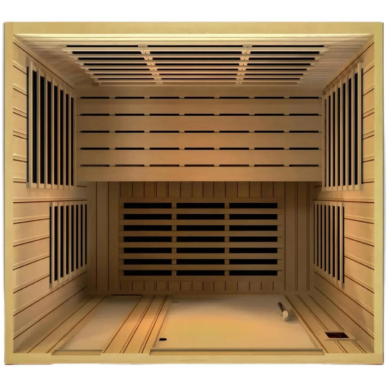 Interior view of the Dynamic Lugano 3 Person Far Infrared Sauna, showcasing its wooden panels and seating arrangement.