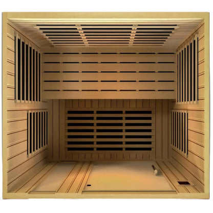 Interior view of the Dynamic Lugano 3 Person Far Infrared Sauna, showcasing its wooden panels and seating arrangement.