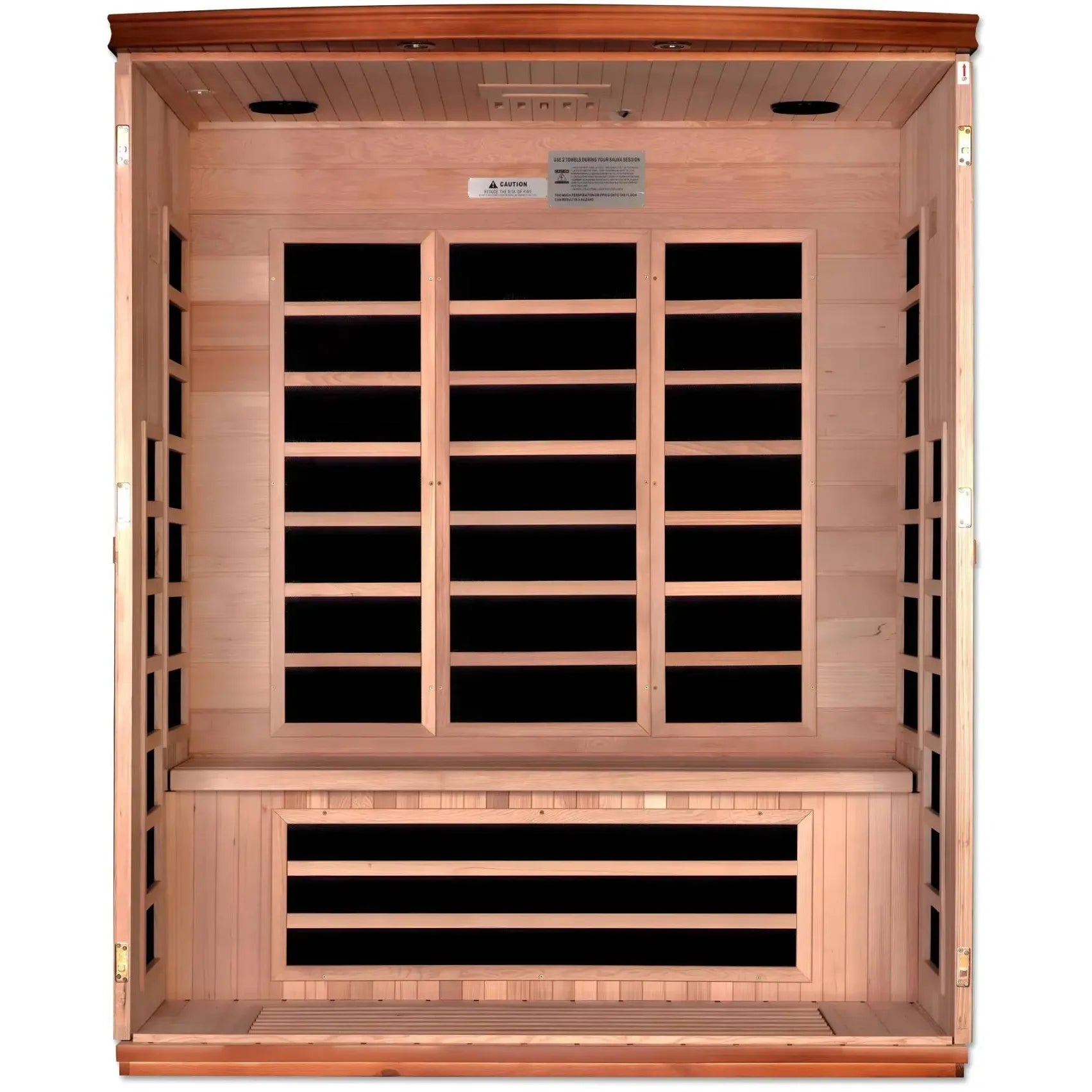 Interior view of the Dynamic Lugano 3 Person Far Infrared Sauna, featuring wooden benches and multiple shelves.