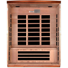 Interior view of the Dynamic Lugano 3 Person Far Infrared Sauna, featuring wooden benches and multiple shelves.
