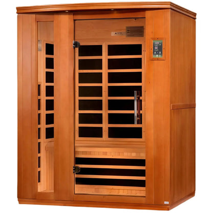 Dynamic Lugano 3 Person Far Infrared Sauna with a wooden exterior and sliding door, featuring interior benches and control panel.