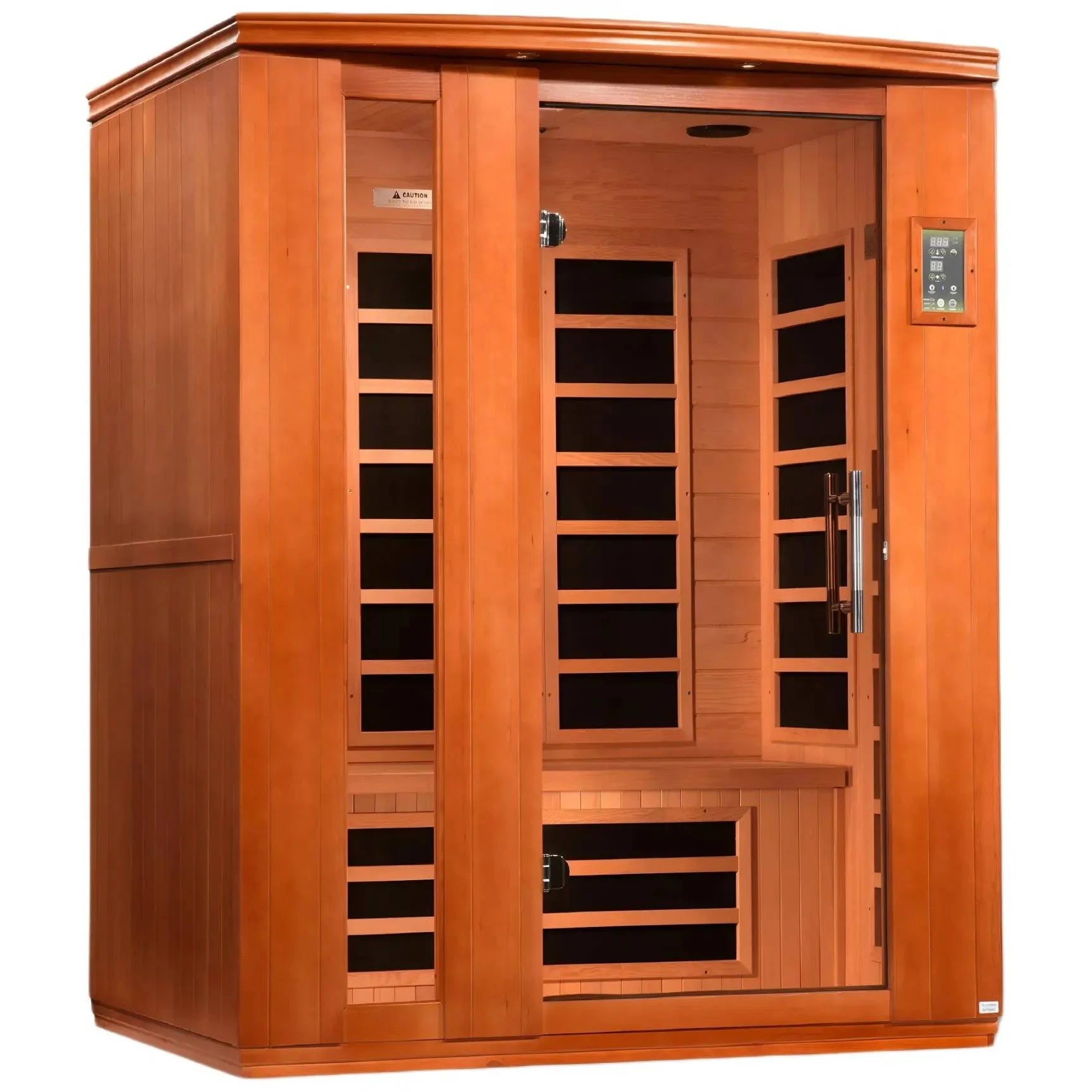 Dynamic Lugano 3 Person Far Infrared Sauna featuring a wooden design with glass doors and interior seating.