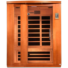Dynamic Lugano 3 Person Far Infrared Sauna with wooden exterior and glass doors, showcasing the interior seating and control panel.