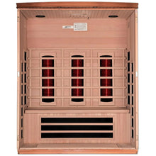 Interior view of the Dynamic Lugano 3 Person Full Spectrum Infrared Sauna, featuring red heating elements and wooden paneling.