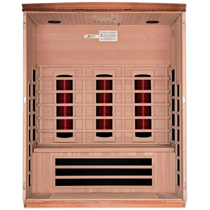 Interior view of the Dynamic Lugano 3 Person Full Spectrum Infrared Sauna, featuring red heating elements and wooden paneling.