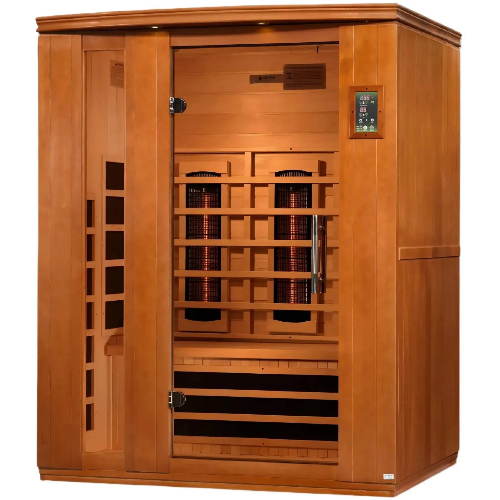 Dynamic Lugano 3 Person Full Spectrum Infrared Sauna featuring a wooden exterior, glass door, and interior heating elements.