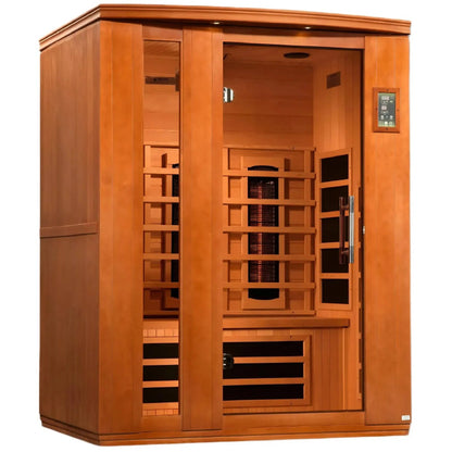 Dynamic Lugano 3 Person Full Spectrum Infrared Sauna featuring a wooden exterior and glass doors, showcasing the interior with infrared heating elements.