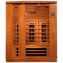 Dynamic Lugano 3 Person Full Spectrum Infrared Sauna featuring wooden construction and interior heating elements.