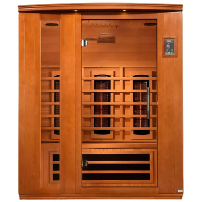 Dynamic Lugano 3 Person Full Spectrum Infrared Sauna featuring wooden construction and interior heating elements.