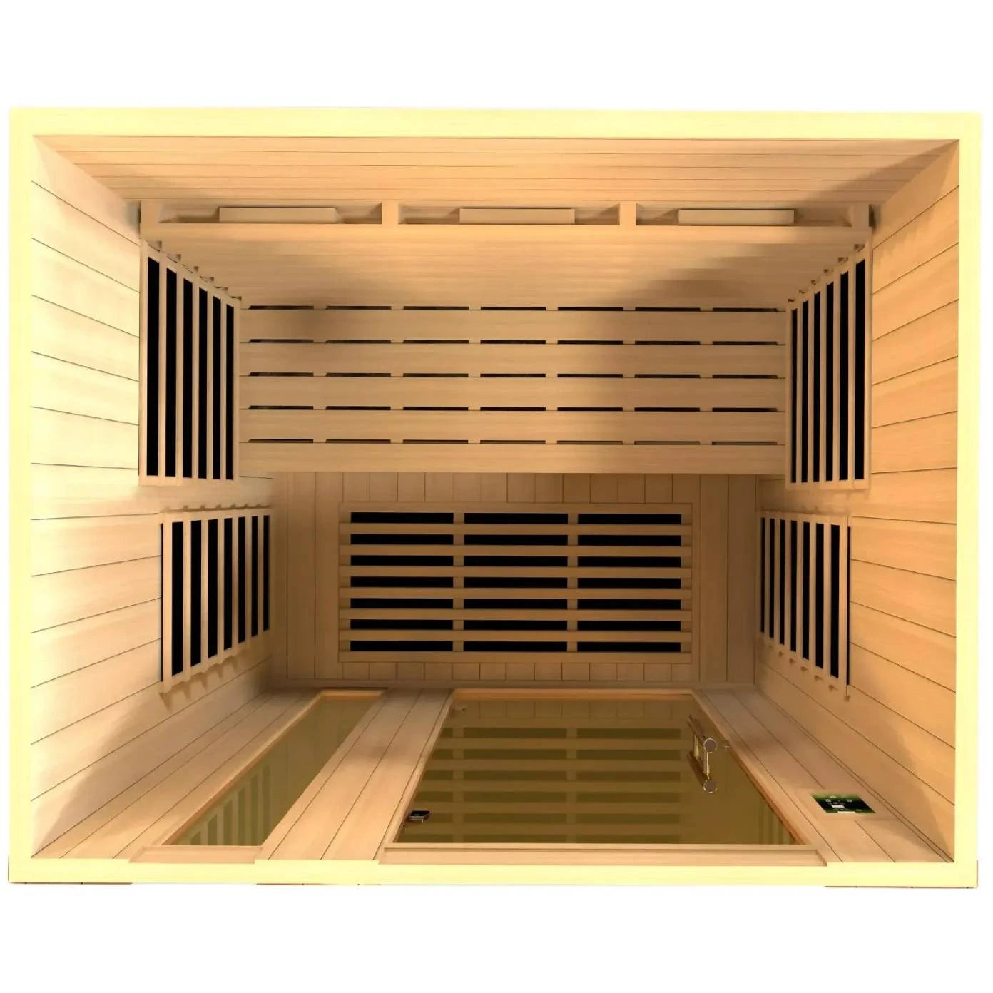 Interior view of the Dynamic Lugano 3 Person Full Spectrum Infrared Sauna, showcasing wooden paneling and seating arrangements.