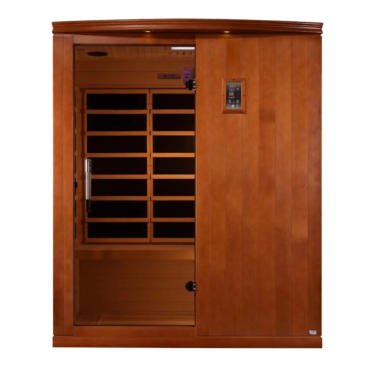 Dynamic Madrid Elite 3-person infrared sauna in a wooden cabinet with glass door.