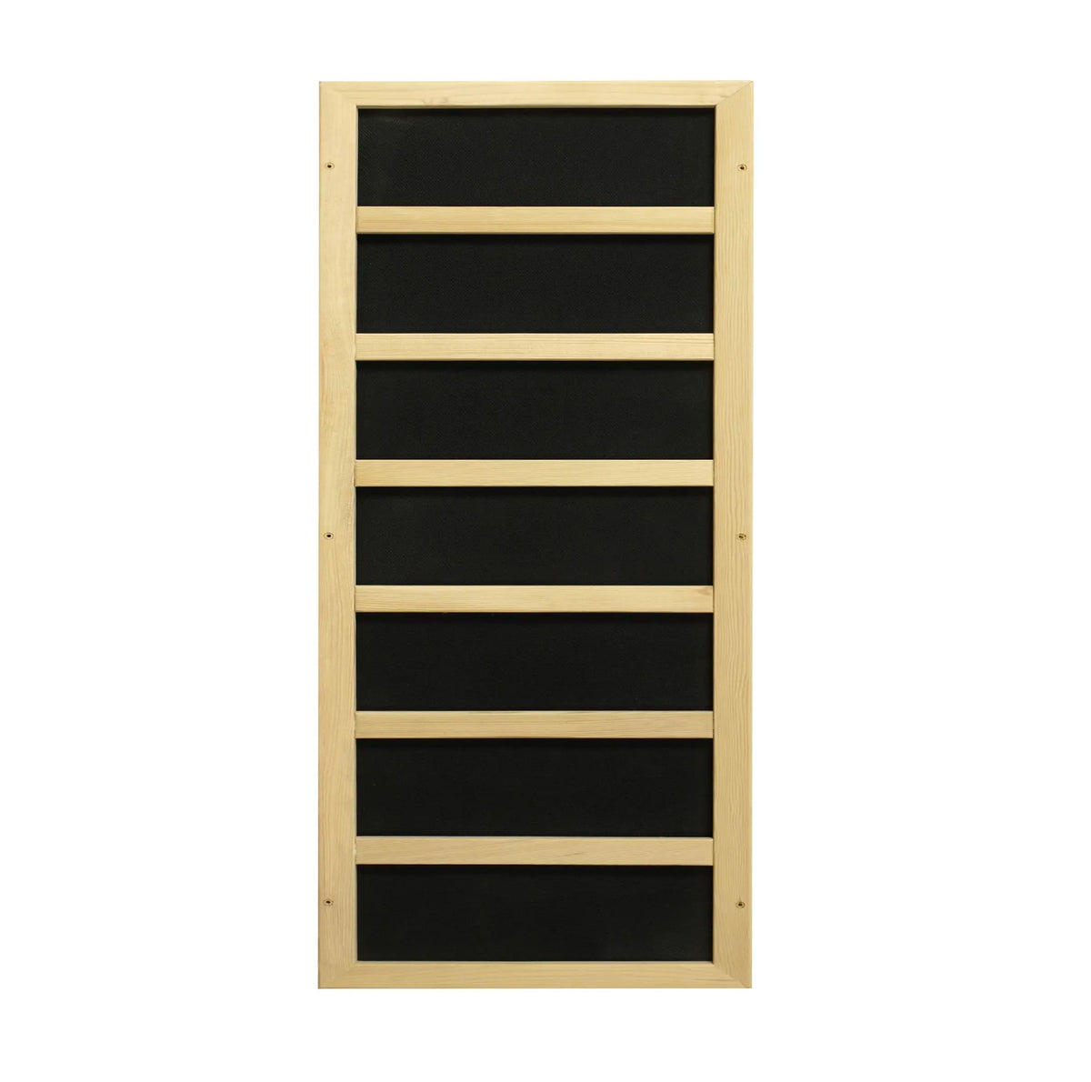 Wood-framed sauna wall panel with black horizontal panels