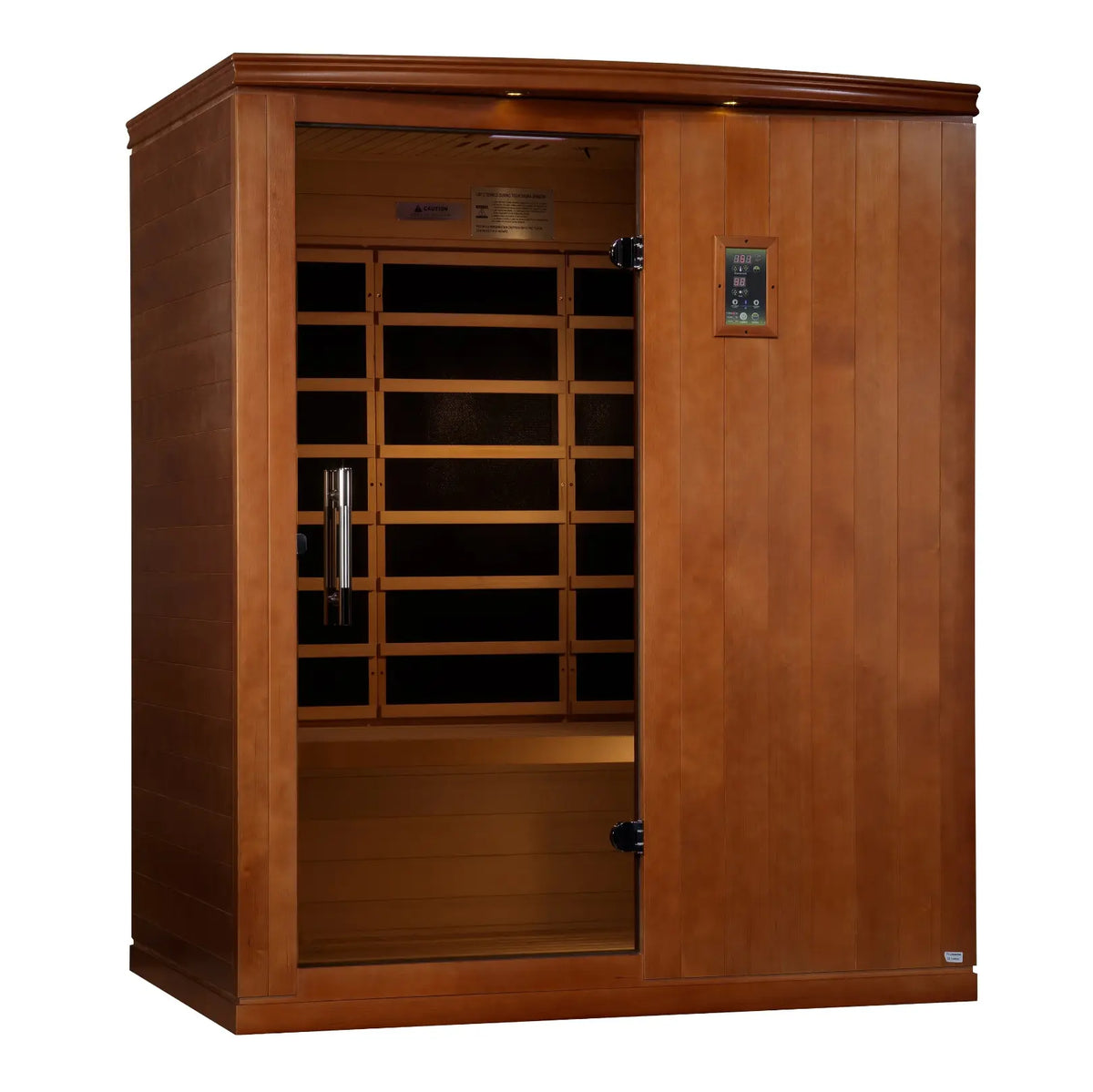 Wooden Madrid Elite 3-person infrared sauna with open door and digital control