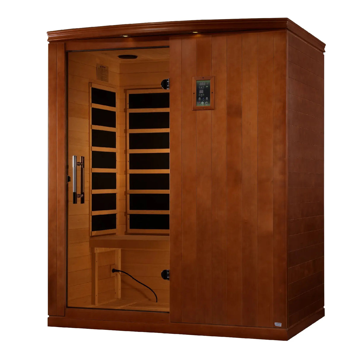 Dynamic Madrid Elite 3-person wooden infrared sauna with glass door and control panel.