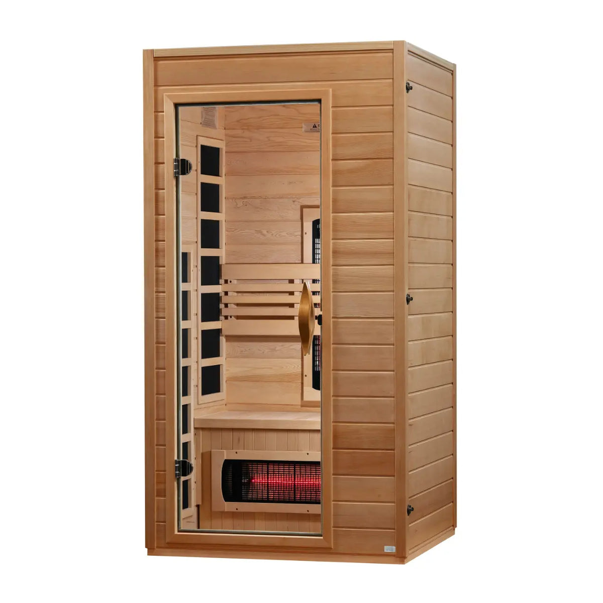 Two-person wooden infrared sauna with glass door and interior bench.