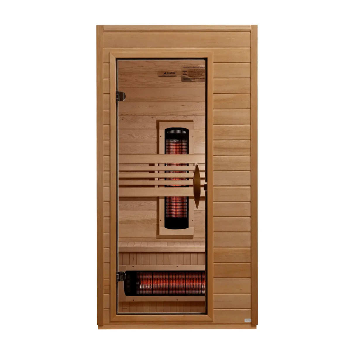 Two-person full-spectrum infrared sauna with glass door in wooden cabin