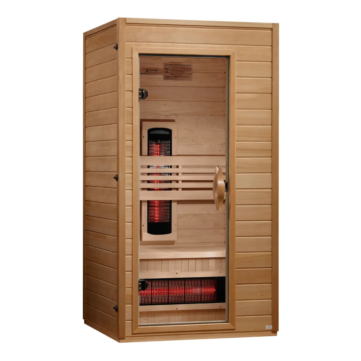 Wooden 1-2 person infrared sauna with glass door and red heater inside.