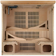 Interior view of the Dynamic Monaco 6 Person Far Infrared Sauna, showcasing wooden benches and slatted walls.