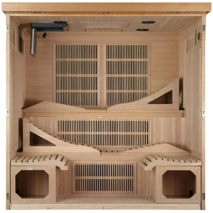 Interior view of the Dynamic Monaco 6 Person Far Infrared Sauna, showcasing wooden benches and slatted walls.