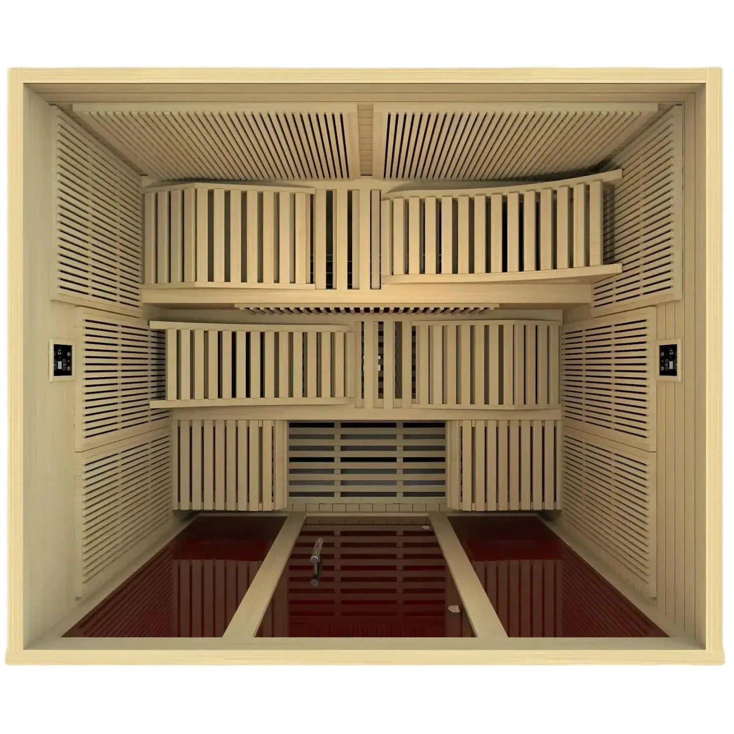 Interior view of the Dynamic Monaco 6 Person Far Infrared Sauna featuring wooden slatted seating and heating panels.