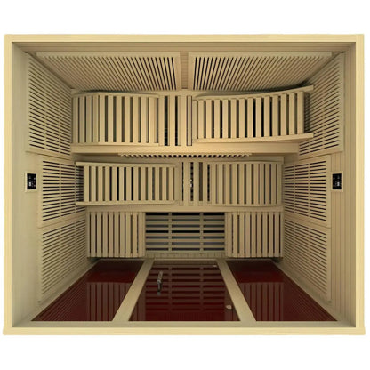 Interior view of the Dynamic Monaco 6 Person Far Infrared Sauna featuring wooden slatted seating and heating panels.