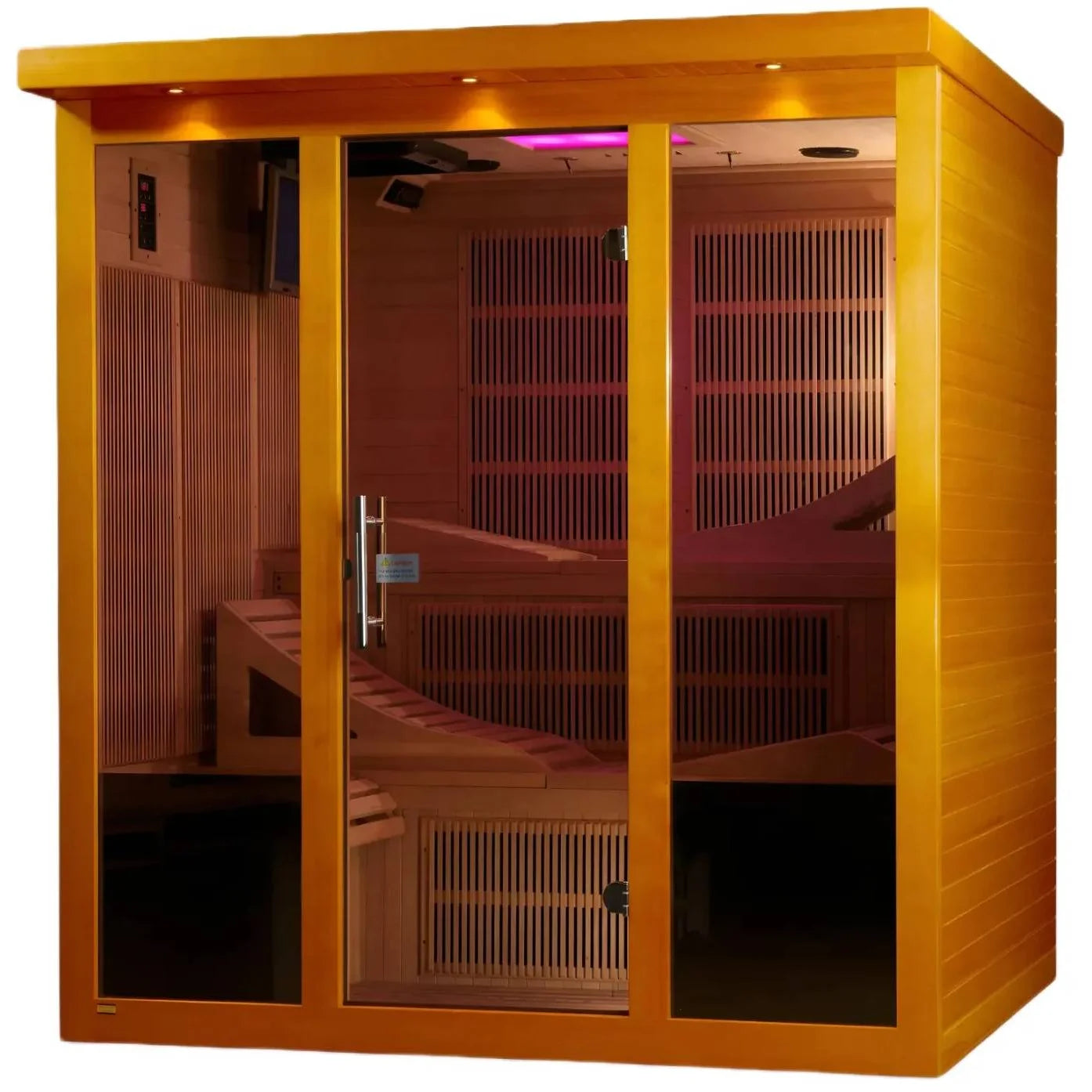 Dynamic Monaco 6 Person Far Infrared Sauna featuring a wooden exterior and glass doors, showcasing the interior seating and ambient lighting.
