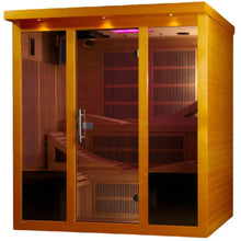 Dynamic Monaco 6 Person Far Infrared Sauna featuring a wooden exterior and glass doors, showcasing the interior seating and ambient lighting.