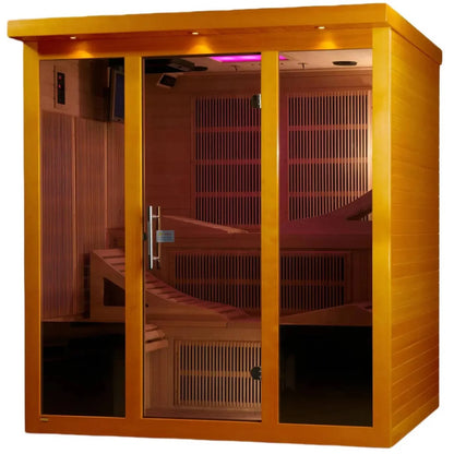 Dynamic Monaco 6 Person Far Infrared Sauna featuring a wooden exterior and glass doors, showcasing the interior seating and ambient lighting.