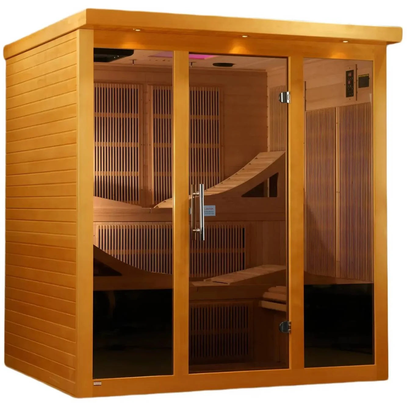 Dynamic Monaco 6 Person Far Infrared Sauna with wooden exterior and glass doors, showcasing the interior seating and design.
