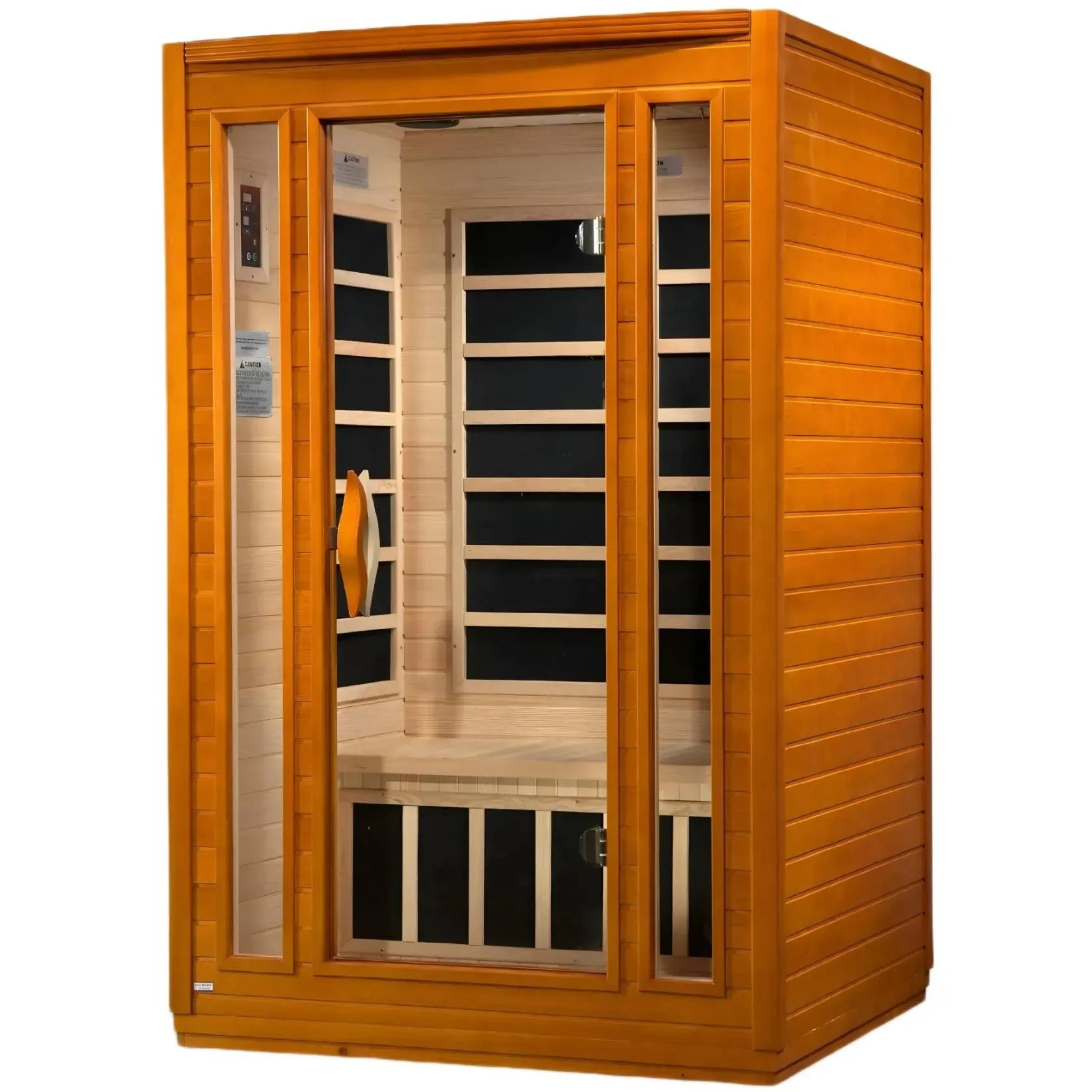 Dynamic San Marino 2 Person Far Infrared Sauna featuring a wooden exterior and interior with glass doors, designed for relaxation and wellness.