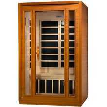 Dynamic San Marino 2 Person Far Infrared Sauna with a wooden exterior and glass doors, showcasing the interior seating and paneling.