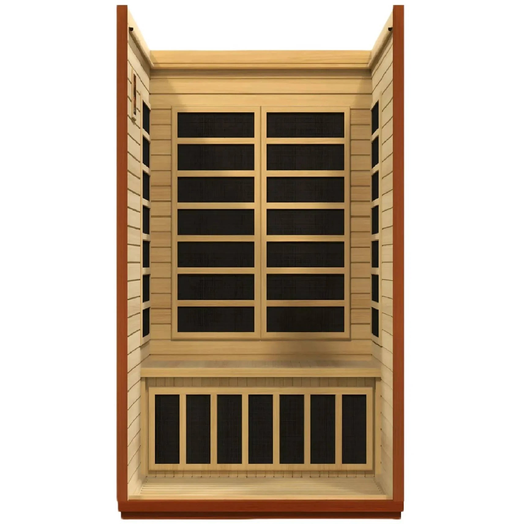 Dynamic San Marino 2 Person Far Infrared Sauna, featuring a wooden interior with multiple heating panels and a spacious seating area.