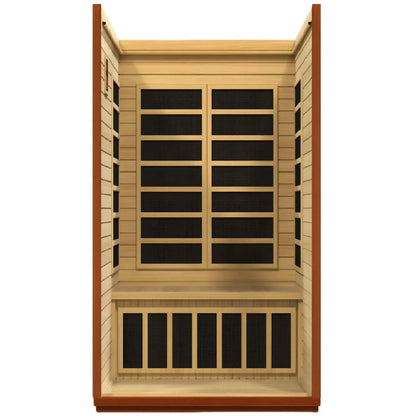 Dynamic San Marino 2 Person Far Infrared Sauna, featuring a wooden interior with multiple heating panels and a spacious seating area.