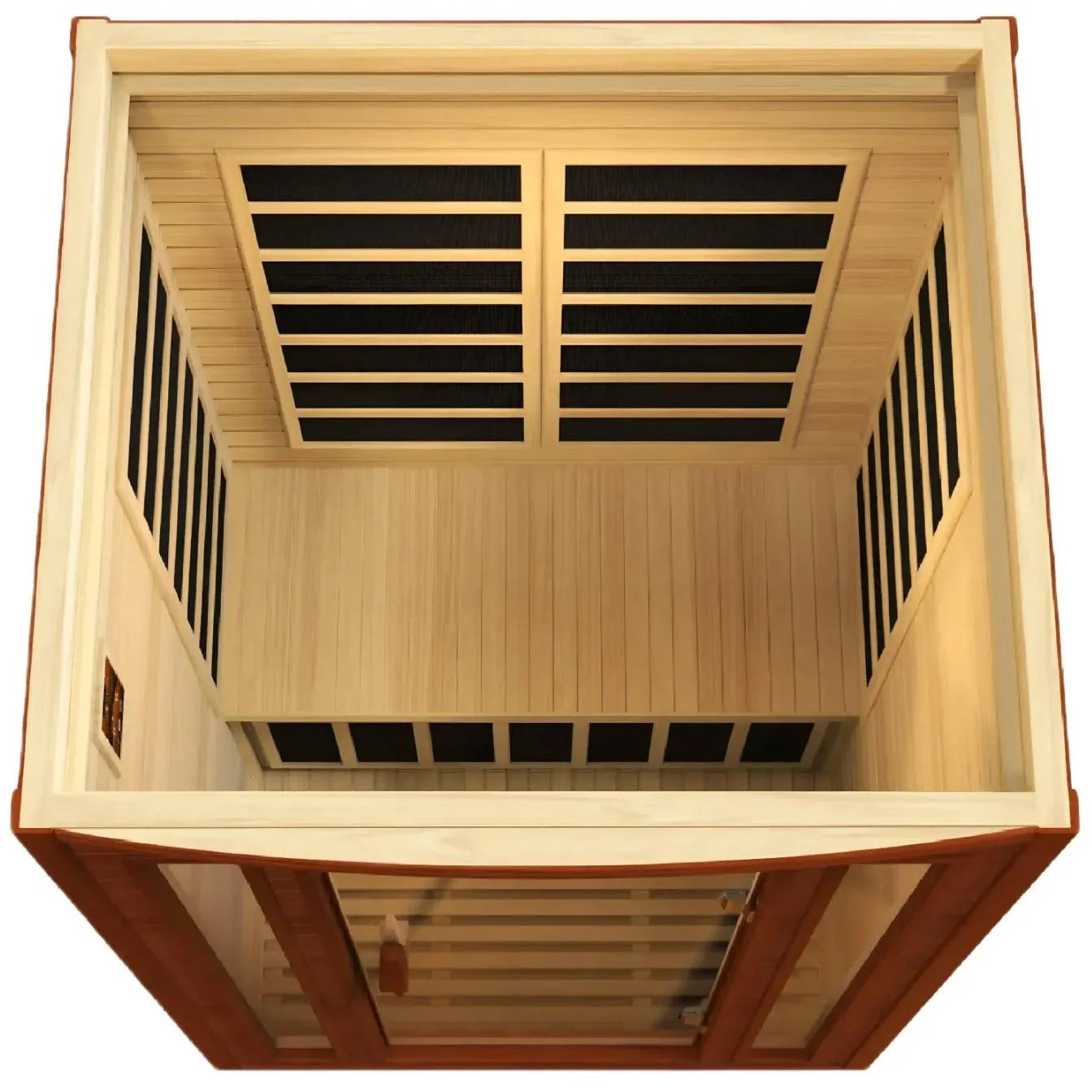 Interior view of the Dynamic San Marino 2 Person Far Infrared Sauna showcasing the wooden structure and heating panels.