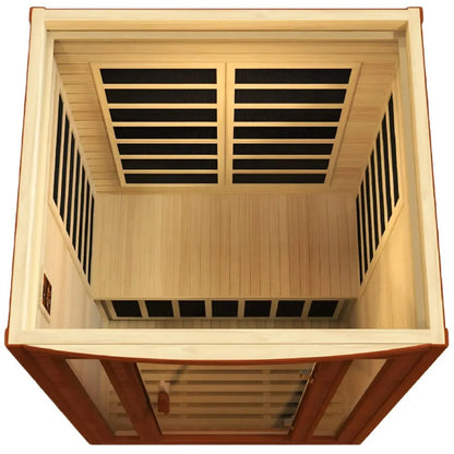 Interior view of the Dynamic San Marino 2 Person Far Infrared Sauna showcasing the wooden structure and heating panels.