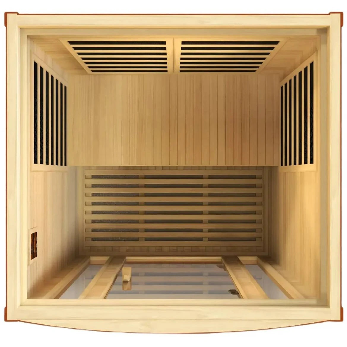 Top view of the Dynamic San Marino 2 Person Far Infrared Sauna featuring a wooden interior with slatted seating and ventilation panels.