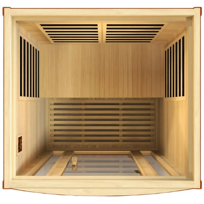 Top view of the Dynamic San Marino 2 Person Far Infrared Sauna featuring a wooden interior with slatted seating and ventilation panels.